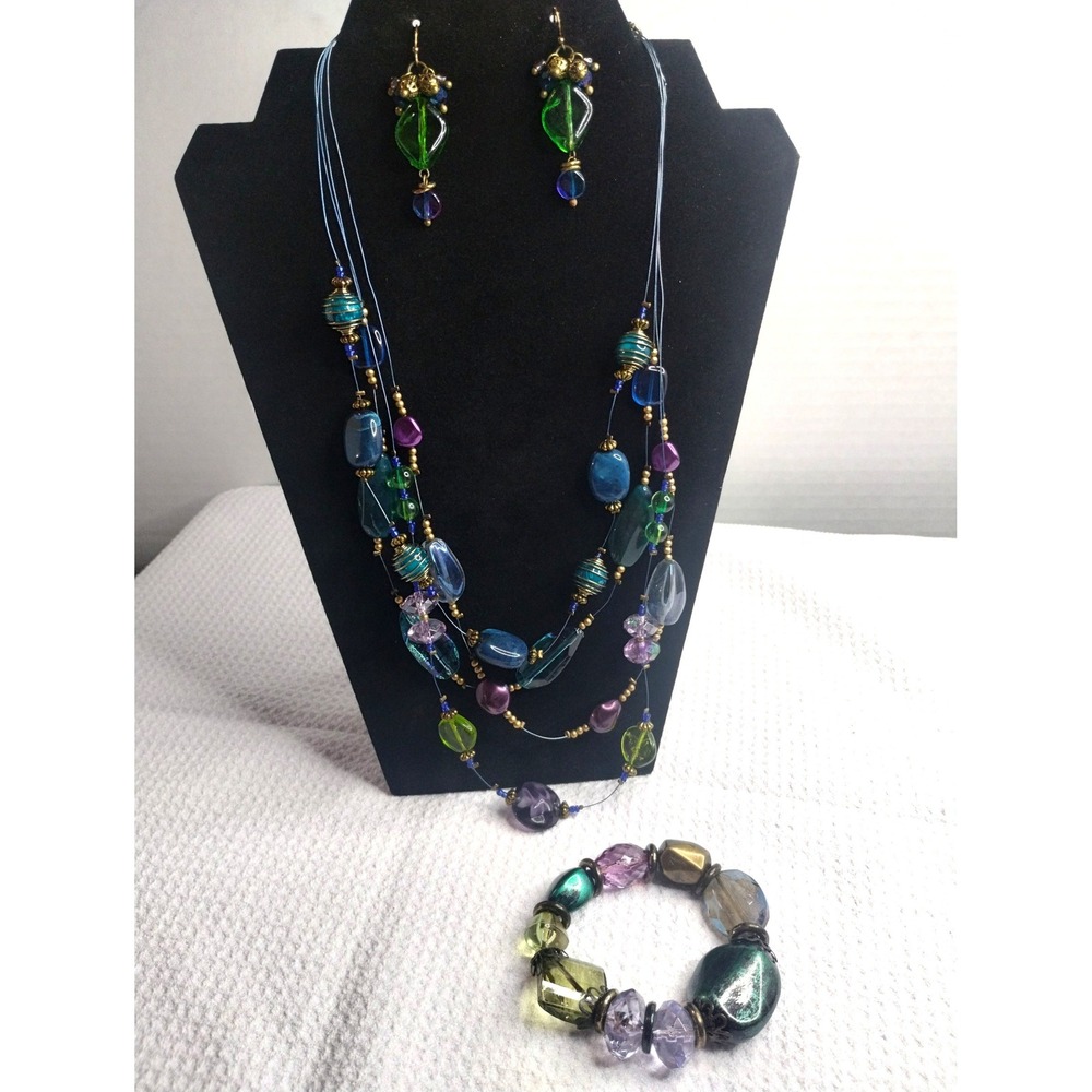 Multicolor Glass Bead Jewelry Set Layered Necklace Earrings Stretch Bracelet Set